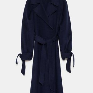 Zara Wool Belted Coat with Sleeve Tie in Navy Size Small